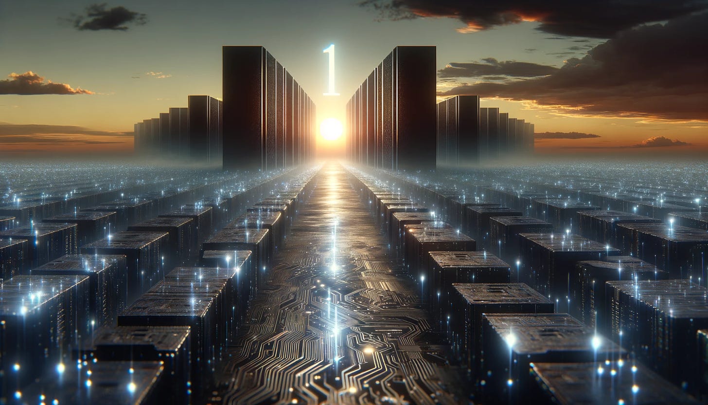 A futuristic landscape showcasing the dawn of the 1-Bit Large Language Model, with a vast digital horizon breaking into the first light of day. Silhouettes of massive, monolithic data centers stand against the early morning sky, dotted with glowing, binary code streams flowing in and out, symbolizing the flow of information. The ground is etched with circuit patterns, leading to the horizon where a rising sun is replaced by a giant, glowing 1 and 0, representing the binary foundation of this new era in artificial intelligence. The entire scene is bathed in a soft, electronic glow, highlighting the transition from traditional computing to the binary simplicity of the 1-Bit Large Language Model.