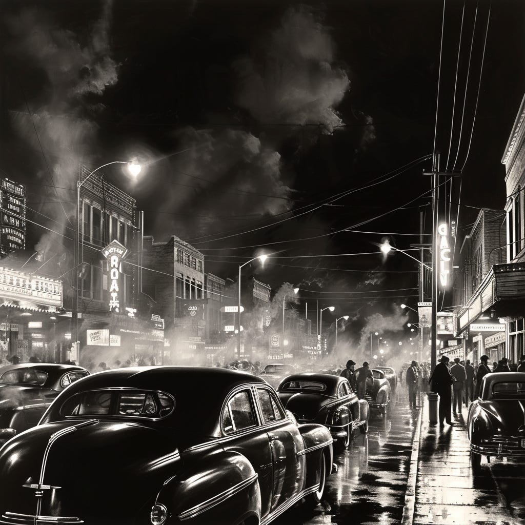 Art generated by Midjourney showing a dark, crowded street with 1940 style cars, very film noir atmosphere.