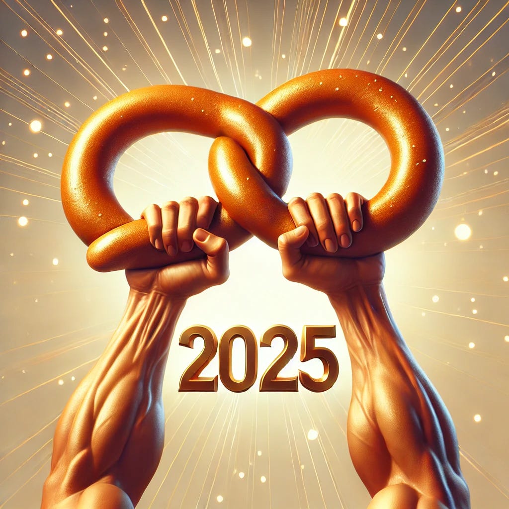 A creative illustration depicting two muscular arms bending a golden pretzel into the shape of the number '2025'. The image represents the transition from 2024 to 2025, with the pretzel twisted seamlessly to form the numbers. The background is festive with a soft glow, emphasizing celebration and strength. The muscular arms are detailed, showing strength and determination, with subtle highlights and shadows to emphasize realism. The setting is uplifting and dynamic, showcasing the process of bending the pretzel as a symbolic and celebratory act.