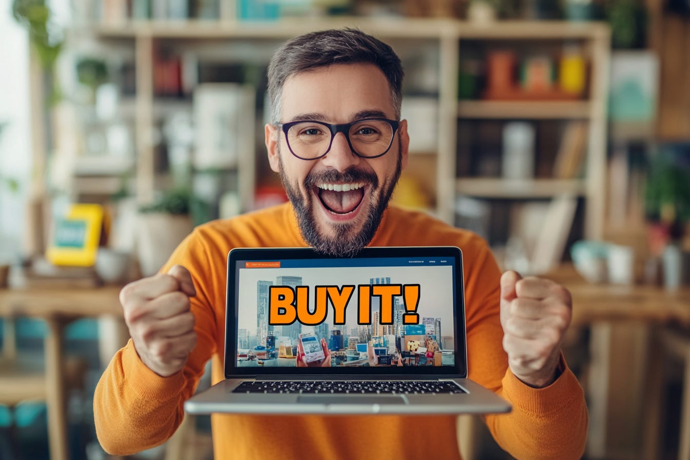 Excited marketing guru holding up a laptop that shows a video course that says "BUY IT!"