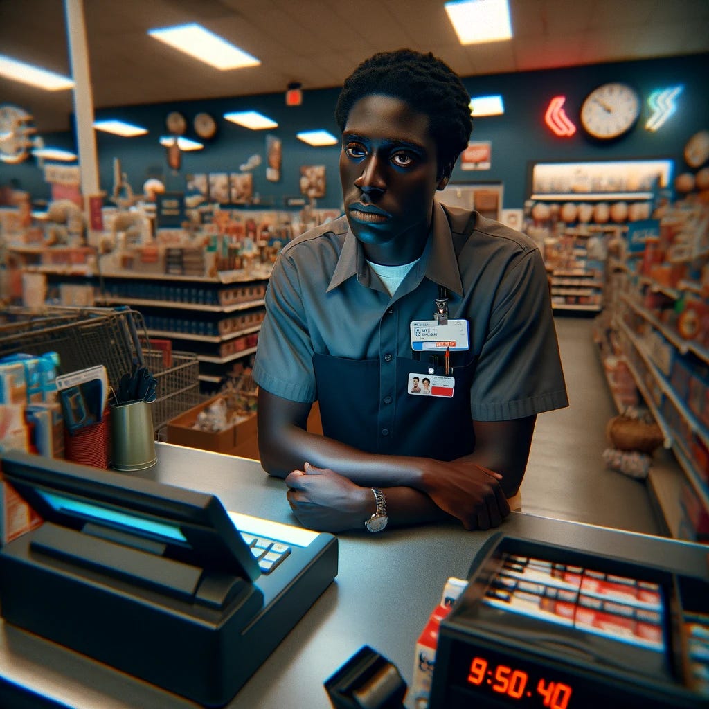 Imagine a scene inside a retail store, capturing the moment of an exasperated Black retail worker who's clearly had a long day. The worker is standing behind the cash register, wearing a uniform that includes a name tag and a slightly untucked shirt, showcasing their fatigue. They have a dark complexion and their expression is one of overwhelming tiredness and a longing to go home, as they glance at the clock on the wall which indicates it's almost closing time. Around them, the store is moderately tidy but shows signs of a busy day, with some shelves disheveled and a few items out of place. The lighting of the store gives off a warm yet weary ambiance, emphasizing the end of a long workday.