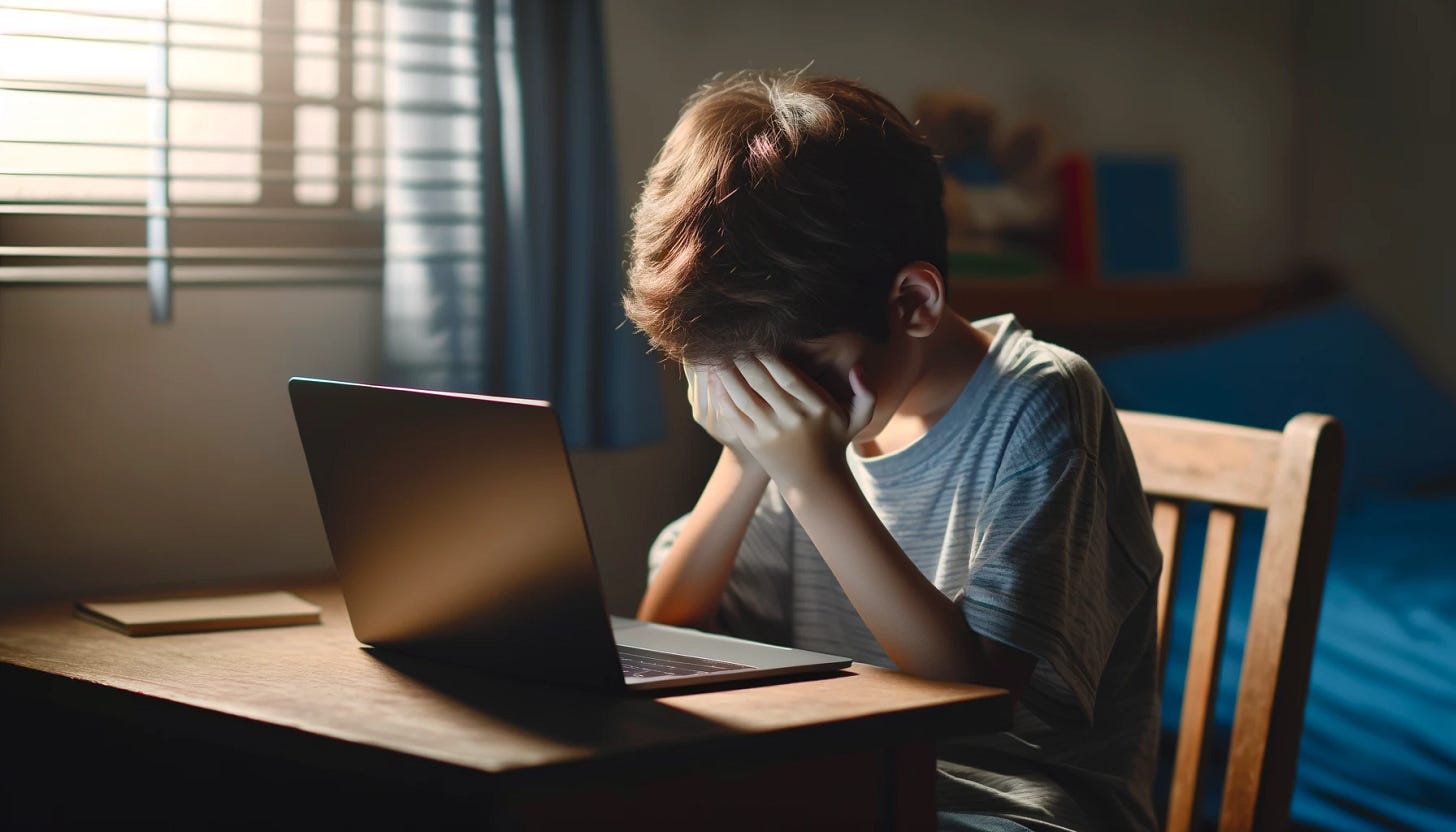 A young boy, around 10 years old, sitting in front of an open laptop. He is covering his eyes with his hands in a sad posture, indicating distress. The room is softly lit, with the glow from the laptop screen illuminating his face. The boy's posture is slumped, and he appears to be upset. The setting is a simple bedroom or study area with a desk, a chair, and some books and school supplies around. The atmosphere is somber, reflecting the boy's emotional state.