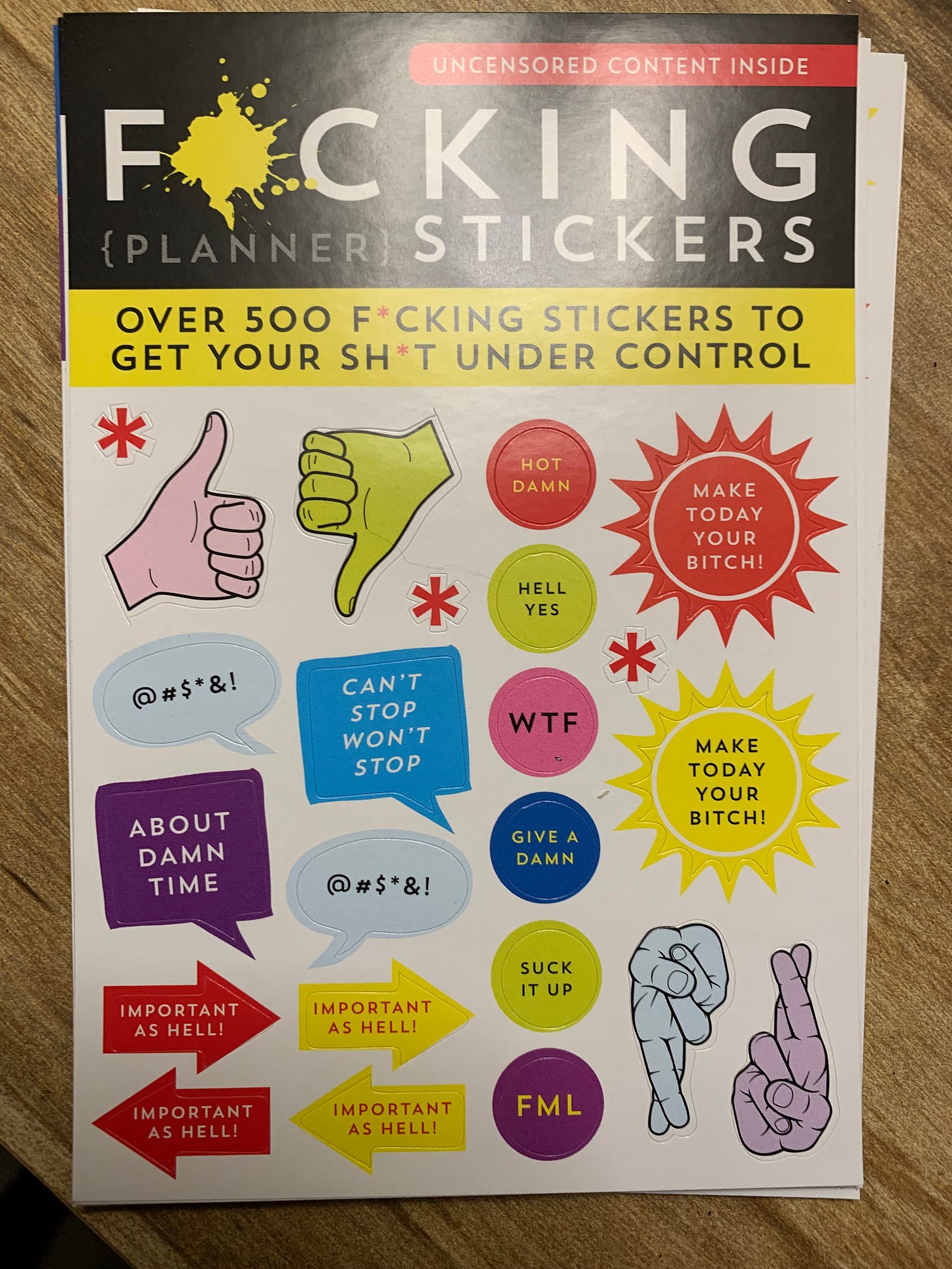 colorful stickers and callouts to use in a planner with cynical and positive messages using slang and bad words