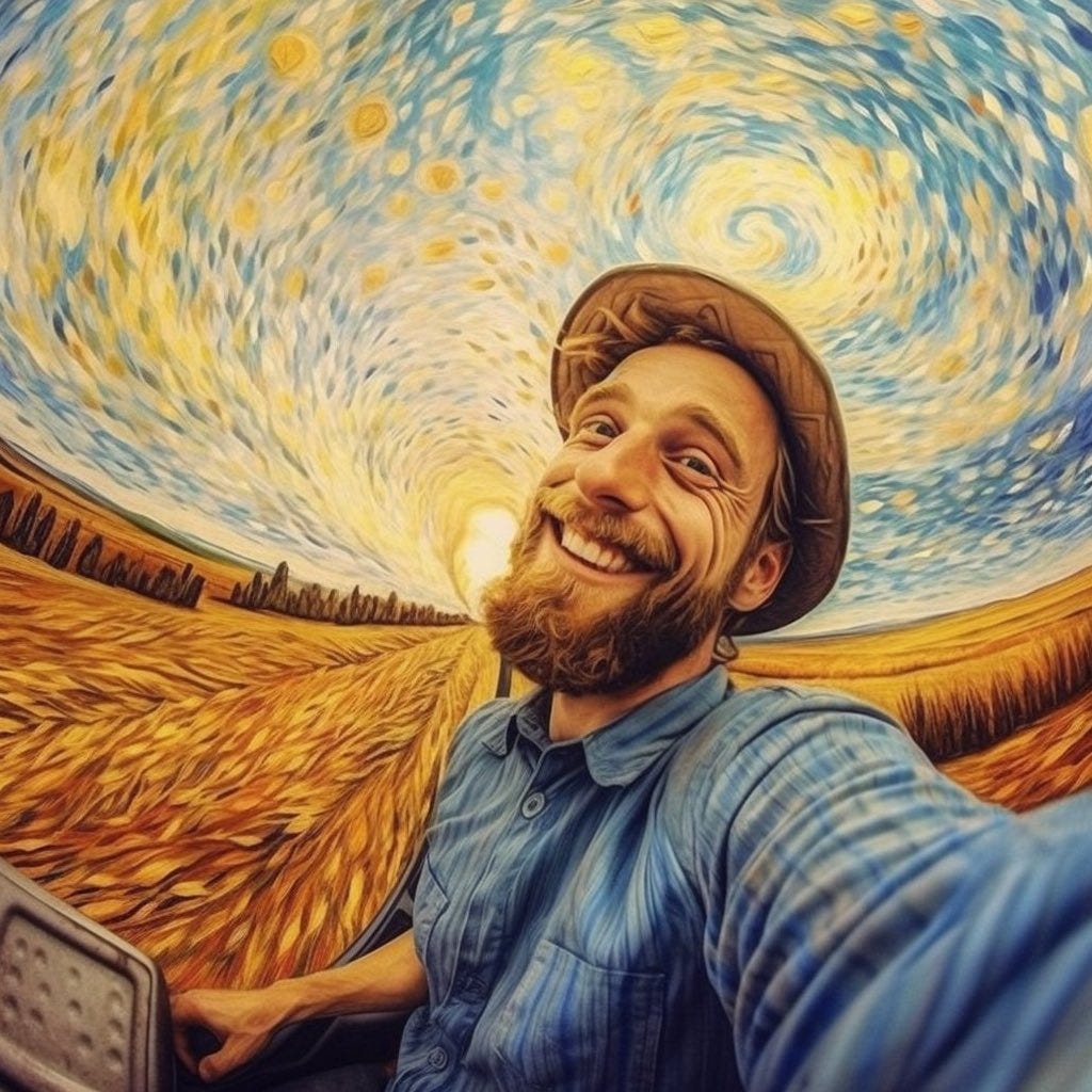 **A hyper - realistic GoPro selfie of a smiling peaceful Van Gogh. Extreme environment. --style raw --s 750**