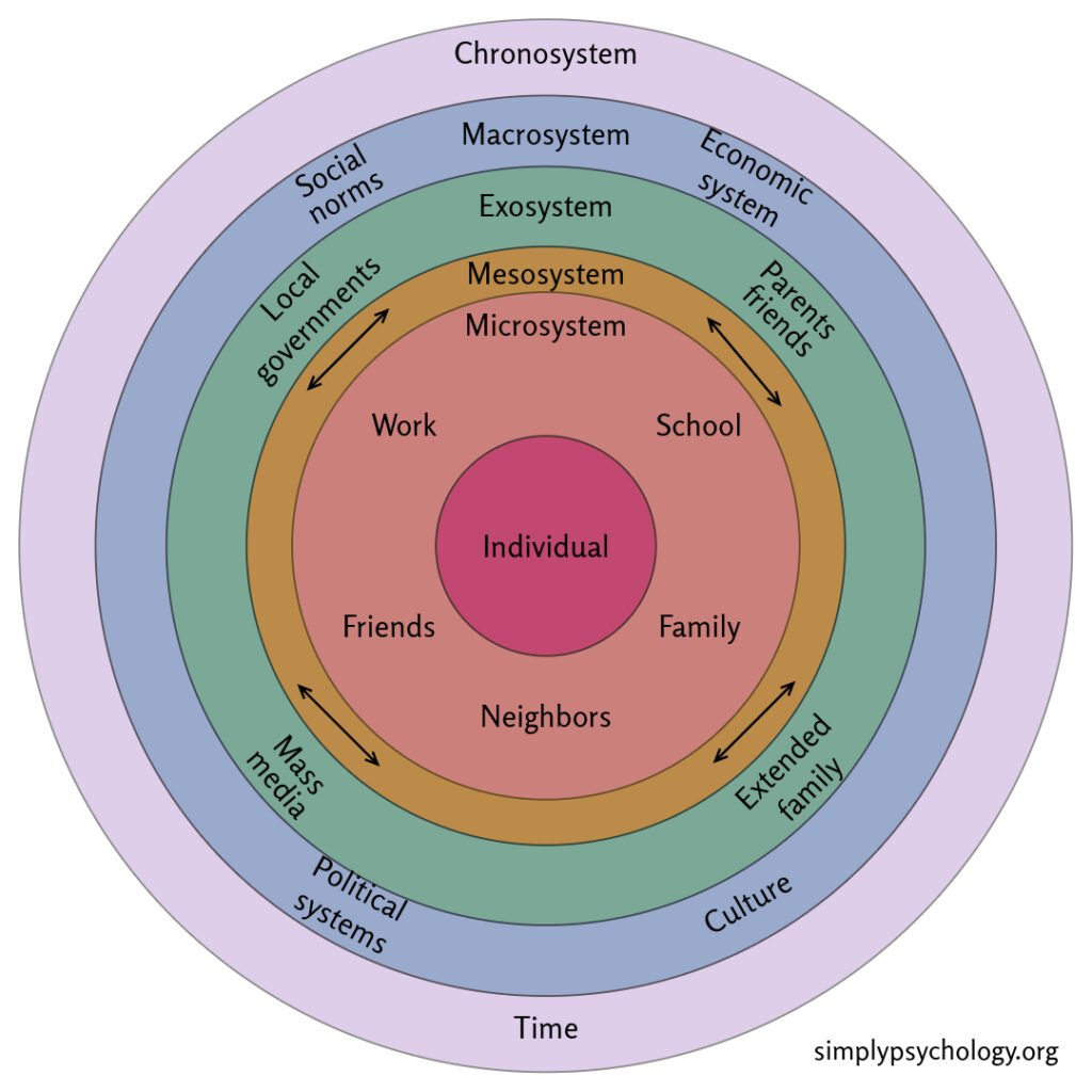 A diagram illustrating Bronfenbrenner's ecological systems theory. concentric circles outlining the different system from chronosystem to the individual in the middle, and labels of what encompasses each system.
