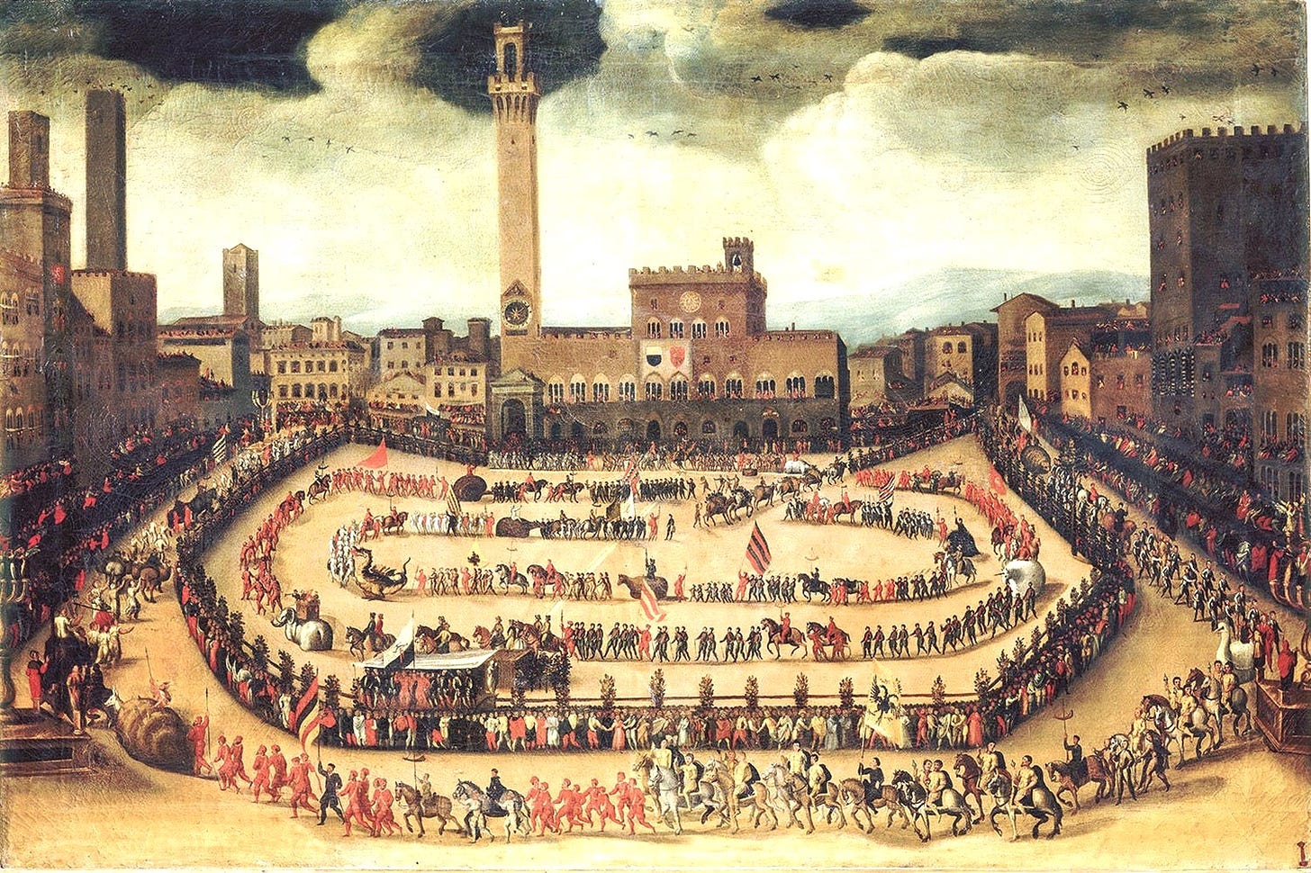 La processione delle contrade in piazza del Campo a Siena. Vincenzo Rustici, collezione privata