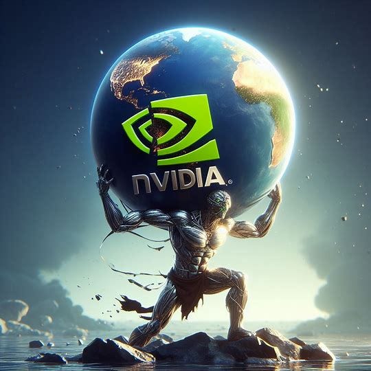 a fantastic image of an anthropomorphic NVIDIA corporate logo holding the entire world on it's back, like Atlas did. Image 2 of 4