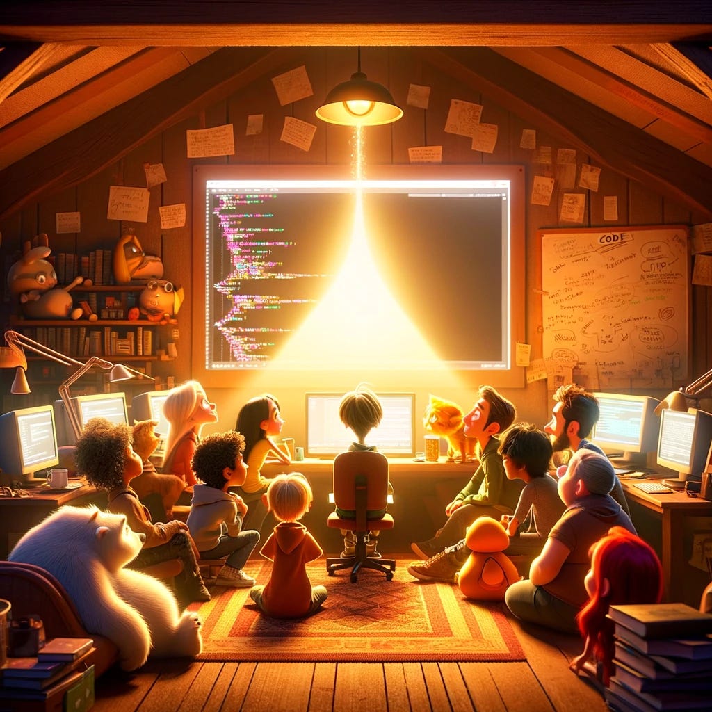 A diverse group of characters experiencing a breakthrough moment around a computer screen.