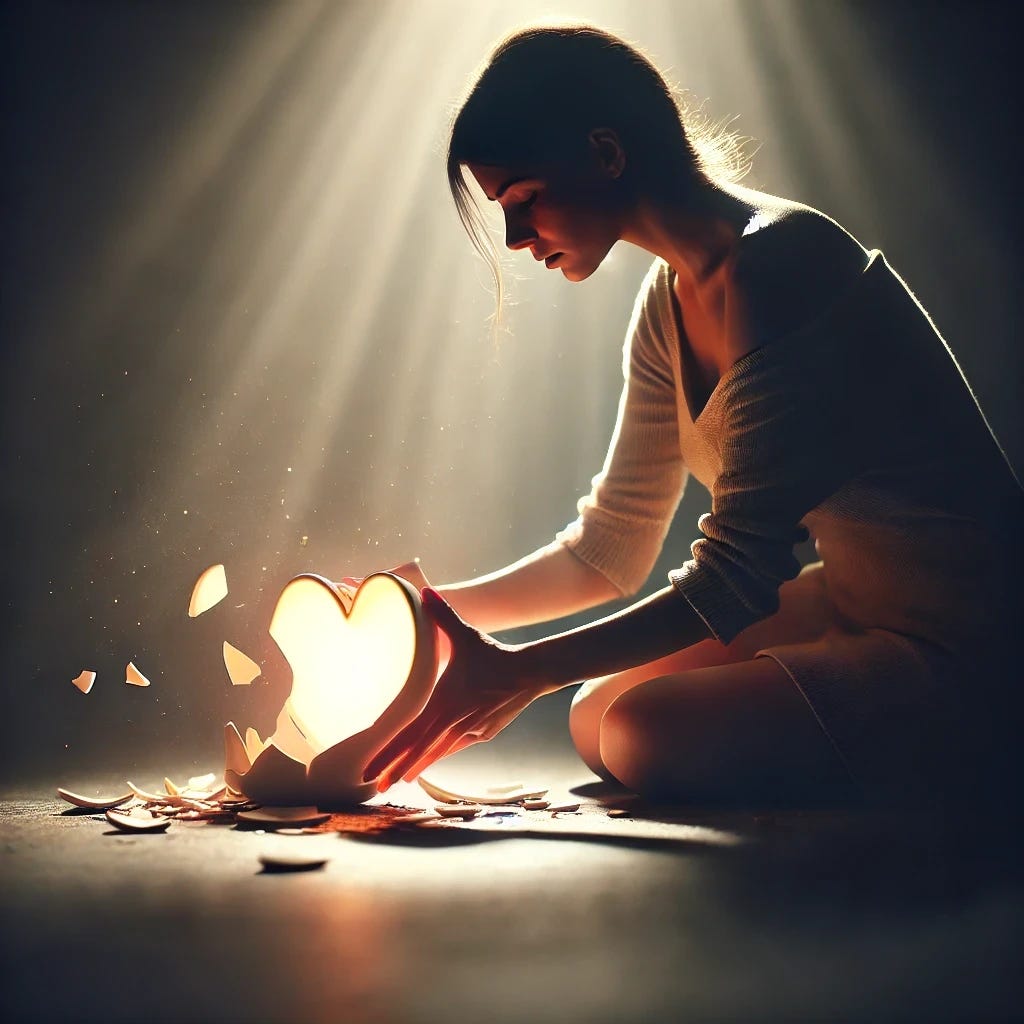 A woman kneeling on a dimly lit floor, carefully cradling broken, scattered pieces of a heart-shaped ceramic dish with large, visible cracks and significant missing parts. The heart appears fragmented and fragile as she attempts to fit the pieces back together, each shard emitting a soft, glowing light. The surrounding darkness contrasts with the faint glow from the heart, symbolizing a delicate process of healing and resilience. Her expression is one of calm determination, with soft rays of light around her, adding depth to the scene of careful restoration.