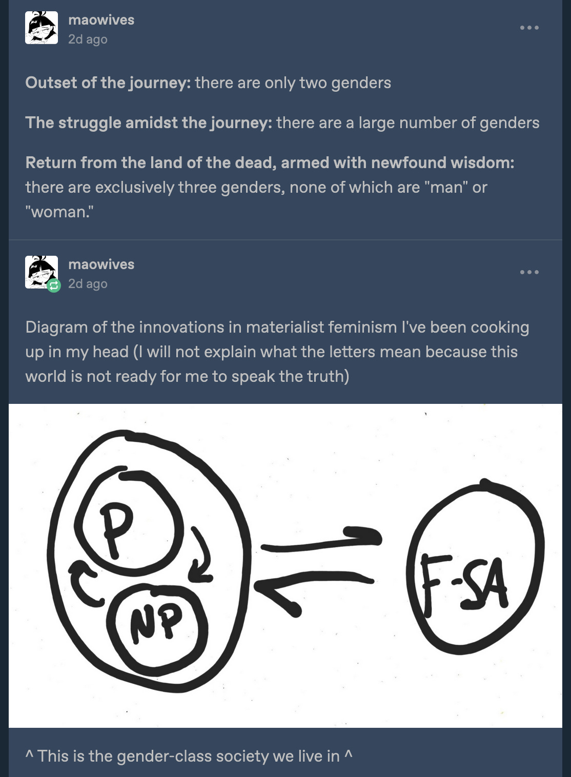 Tumblr posts which reads: "Outset of the journey: there are only two genders  The struggle amidst the journey: there are a large number of genders  Return from the land of the dead, armed with newfound wisdom: there are exclusively three genders, none of which are "man" or "woman." Diagram of the innovations in materialist feminism I've been cooking up in my head (I will not explain what the letters mean because this world is not ready for me to speak the truth)