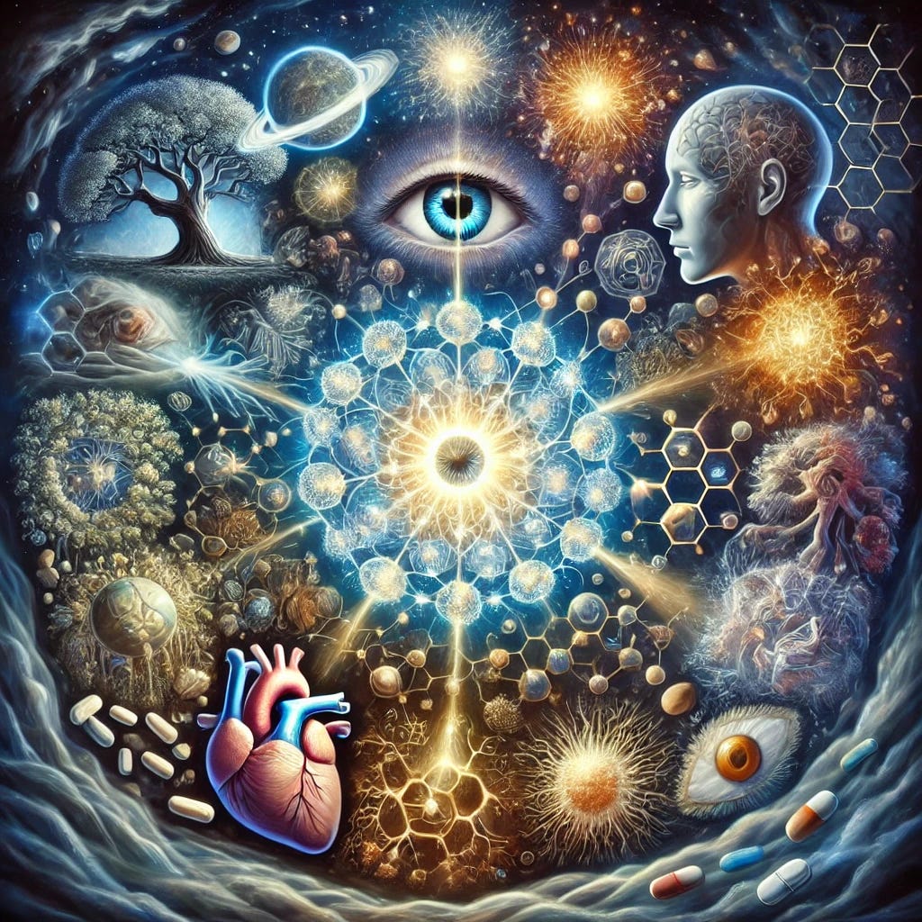 A stunning and deeply symbolic oil painting illustrating melatonin's intricate role in health, composed of interconnected visual metaphors. At the center, an ethereal glowing orb represents the pineal gland, radiating light that connects various elements. Encircling the orb are vignettes: a tranquil nightscape with a sleeping figure under a cosmic sky symbolizes sleep regulation; delicate glowing tendrils of energy warding off dark, chaotic shapes embody melatonin's antioxidant power; a crystalline eye reflects light, symbolizing cataract protection; a vibrant heart with golden veins represents cardiovascular health; a dynamic swirl of immune cells and a protective shield evoke immune modulation; a flourishing ancient tree with sprawling roots represents longevity and aging; interplay of light and shadow mirrors the effects of light exposure on melatonin production; subtle, shimmering waves near electronic devices suggest EMF interference; tiny scattered pills and faint medicine bottles signify melatonin-depleting drugs; a harmonious garden scene with nutrient-rich foods and a meditative figure embodies healthy lifestyle support; and an abstract spiral clock hints at balanced circadian rhythms and caution with supplementation. The painting's palette is deep and mysterious, featuring rich blues, golds, and purples, with intricate, expressive details creating a dreamlike yet grounded atmosphere.