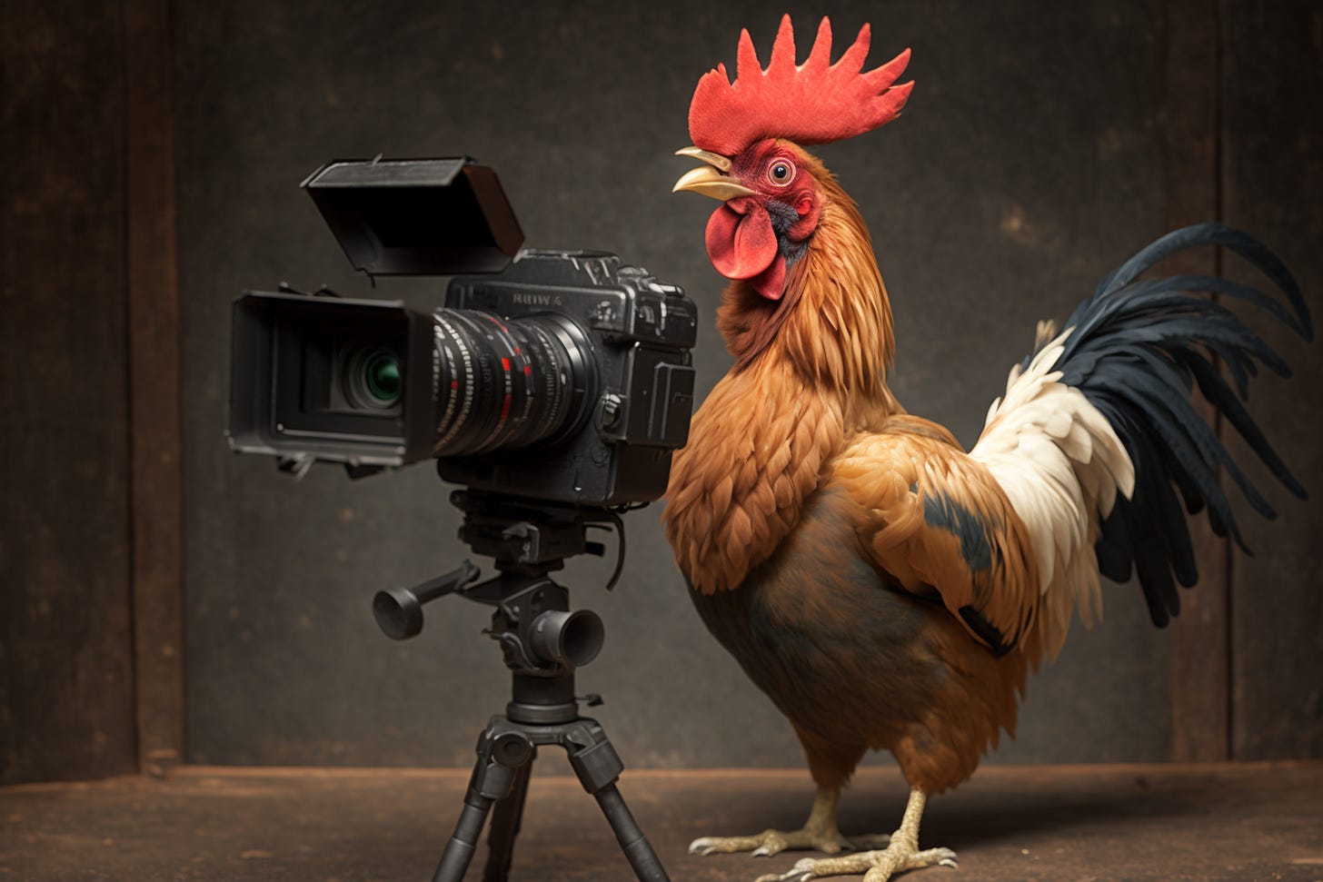 Rooster holding a video camera