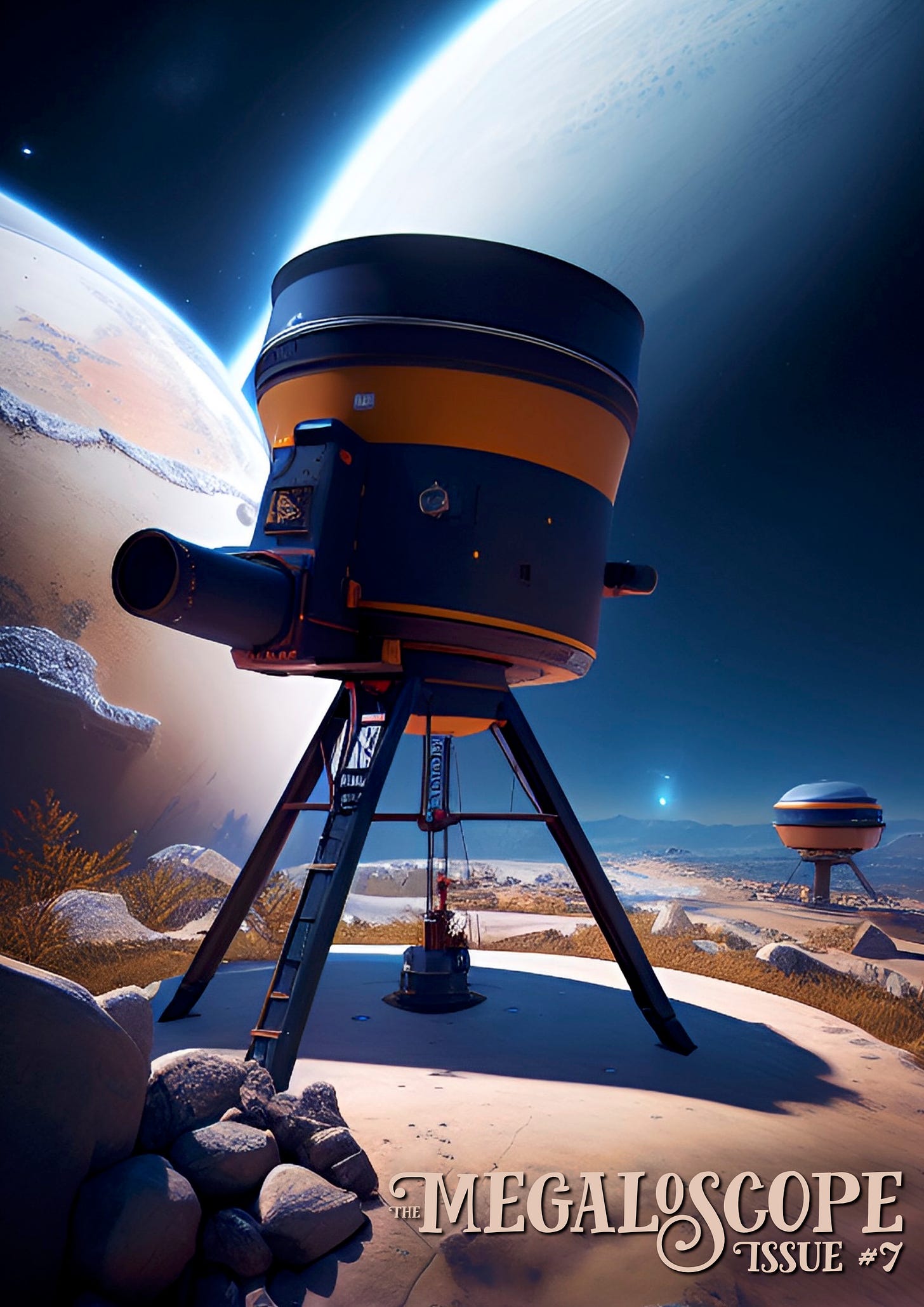 A huge telescope set in an alien landscape