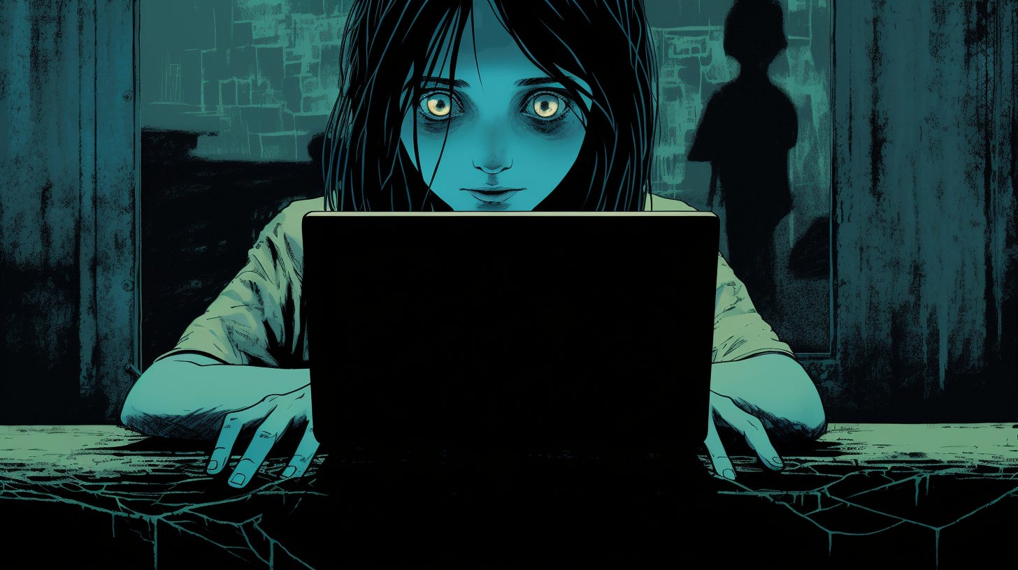 Drawing of a girl similar to the girl in the movie, The Ring, typing at a computer.