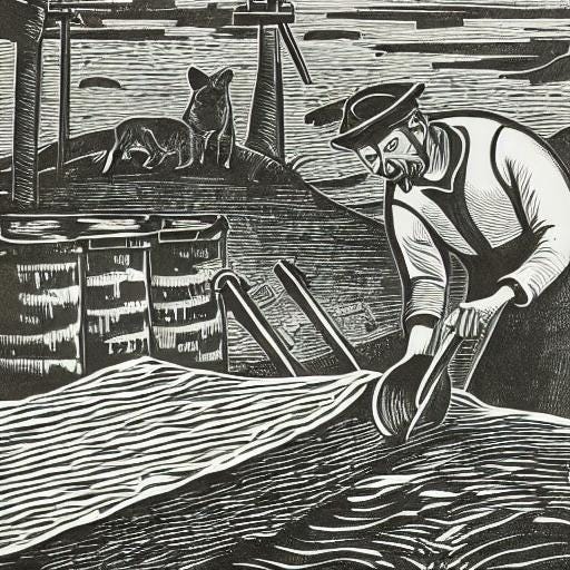 Image of etching showing a wolf watching a miner panning for gold