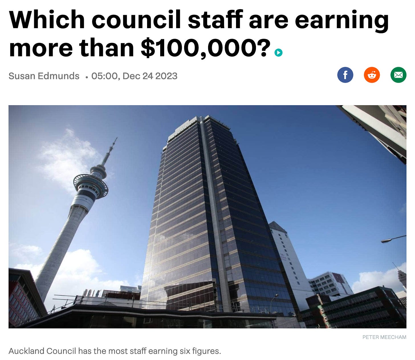 A screenshot of a Stuff news page that reads: Which council staff are earning more than $100,000? Susan Edmunds • 05:00, Dec 24 2023 PETER MEECHAM Auckland Council has the most staff earning six figures.