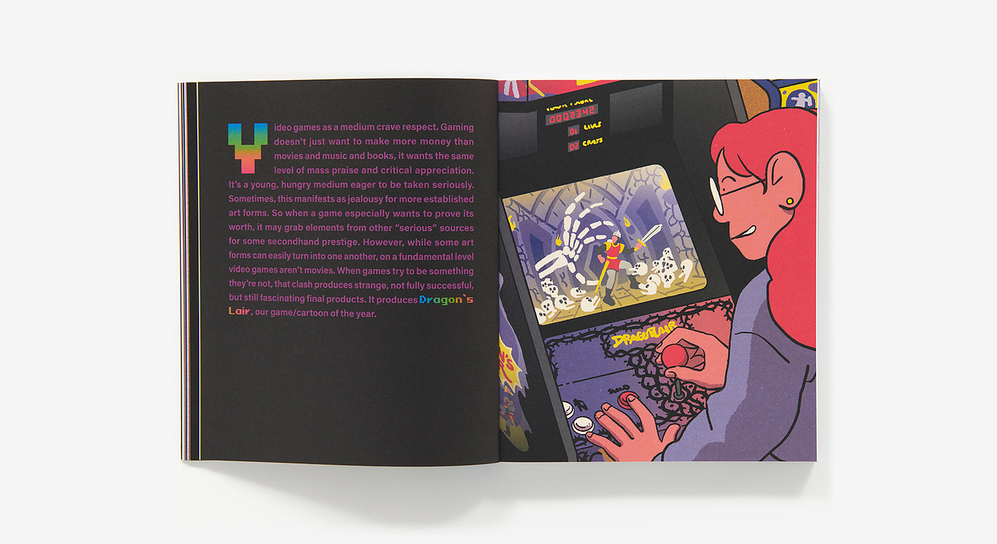 Promotional image from the publisher, Abrams Books, featuring the inside of Video Game of the Year. The stylized art on the right shows someone playing Dragon's Lair on an arcade cabinet, while the left includes the introductory text for the chapter on this game. 