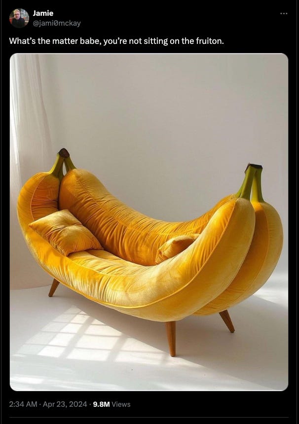A tweet above a photo of a gold velvet couch shaped like two bananas: What's the matter babe, you're not sitting on your fruiton."