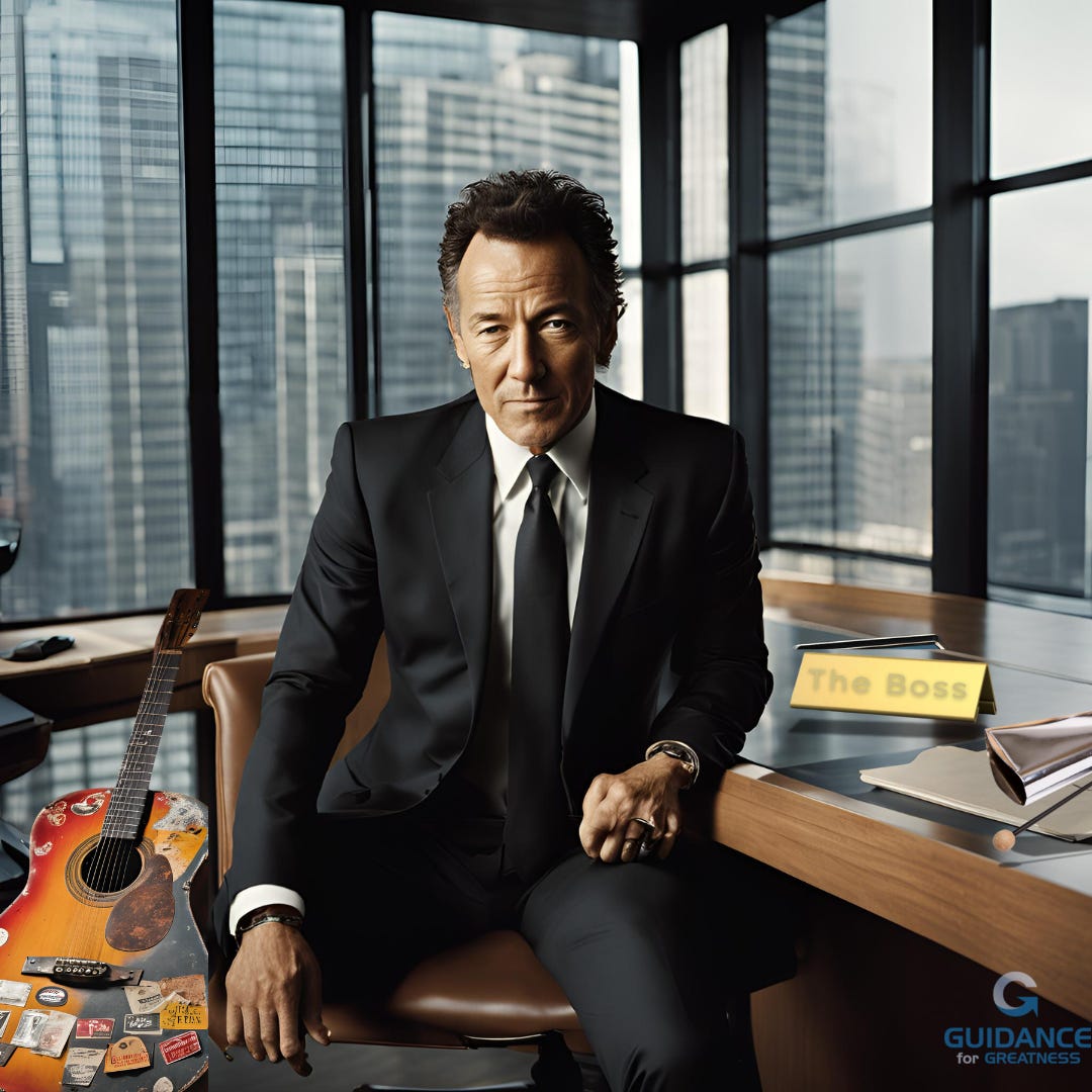 AI generated photo of Bruce Springsteen in a black business suit, white shirt, and black tie. He is seated facing forward and leaning on a desk with his left arm. To his right on the floor is an old acoustic guitar covered in stickers. To his left on the desk is a brass nameplate that reads, “The Boss.” behind him are tall windows that form the corner of a building. In the background is a cityscape. A cowbell and stick are on the desk in front of the nameplate.