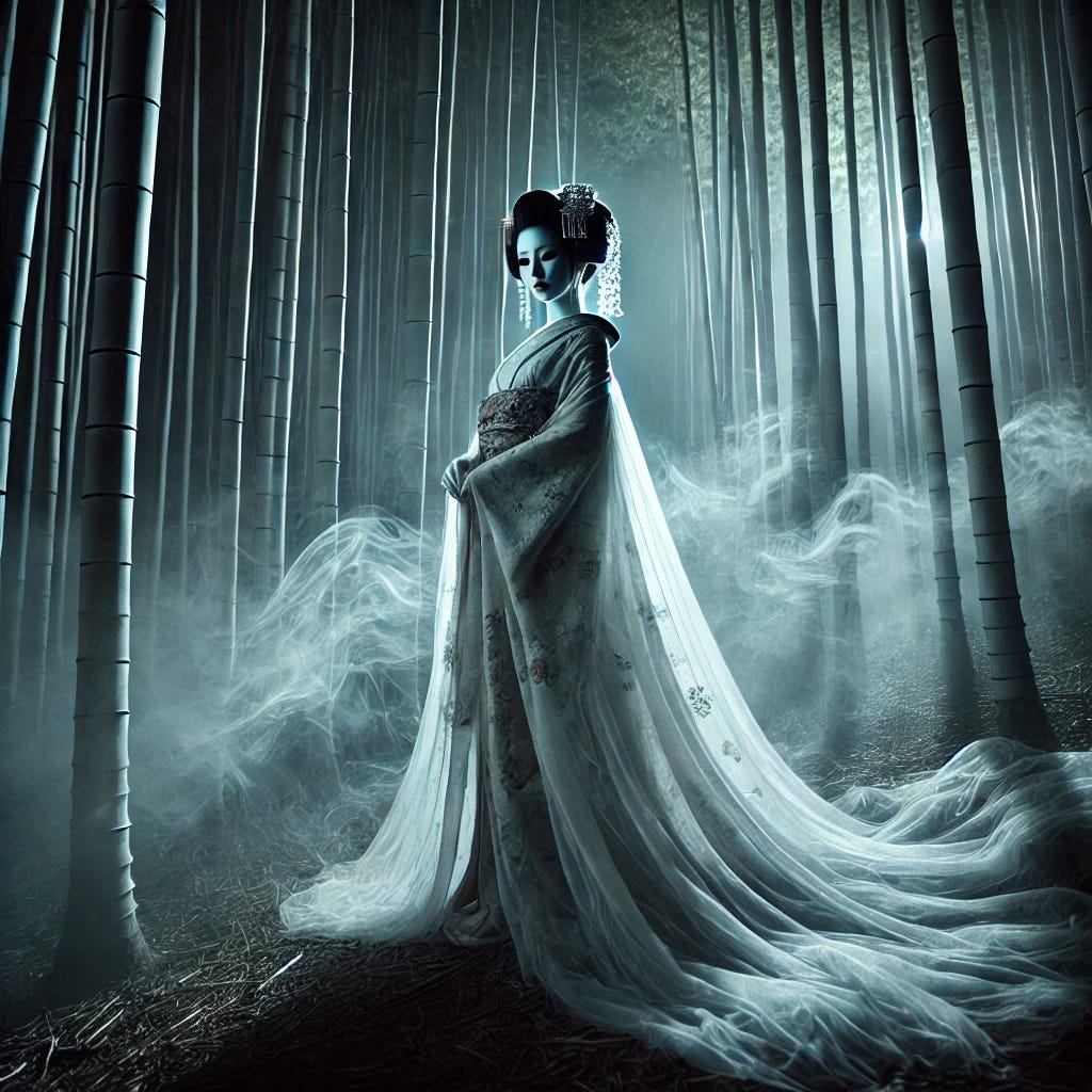 AI art, Dall-E, japanese, ghost story, ghost, japan, edo japan, oiran, kimono, ghost, beauty