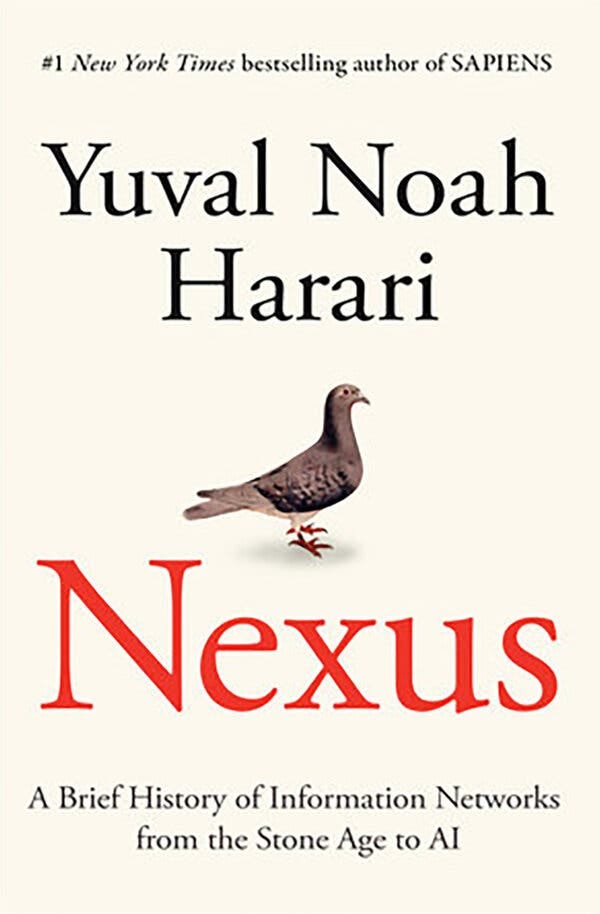 The cover of “Nexus” is off-white, with an illustration of a brown pigeon. The title is red.