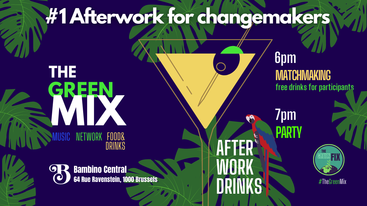 Graphic with #1 Afterwork for changemakers. The Green Mix: Music, network, food & drinks. 7pm party. bamino central 64 Rue Ravenstein, 1000 Brussels. #TheGreenMix