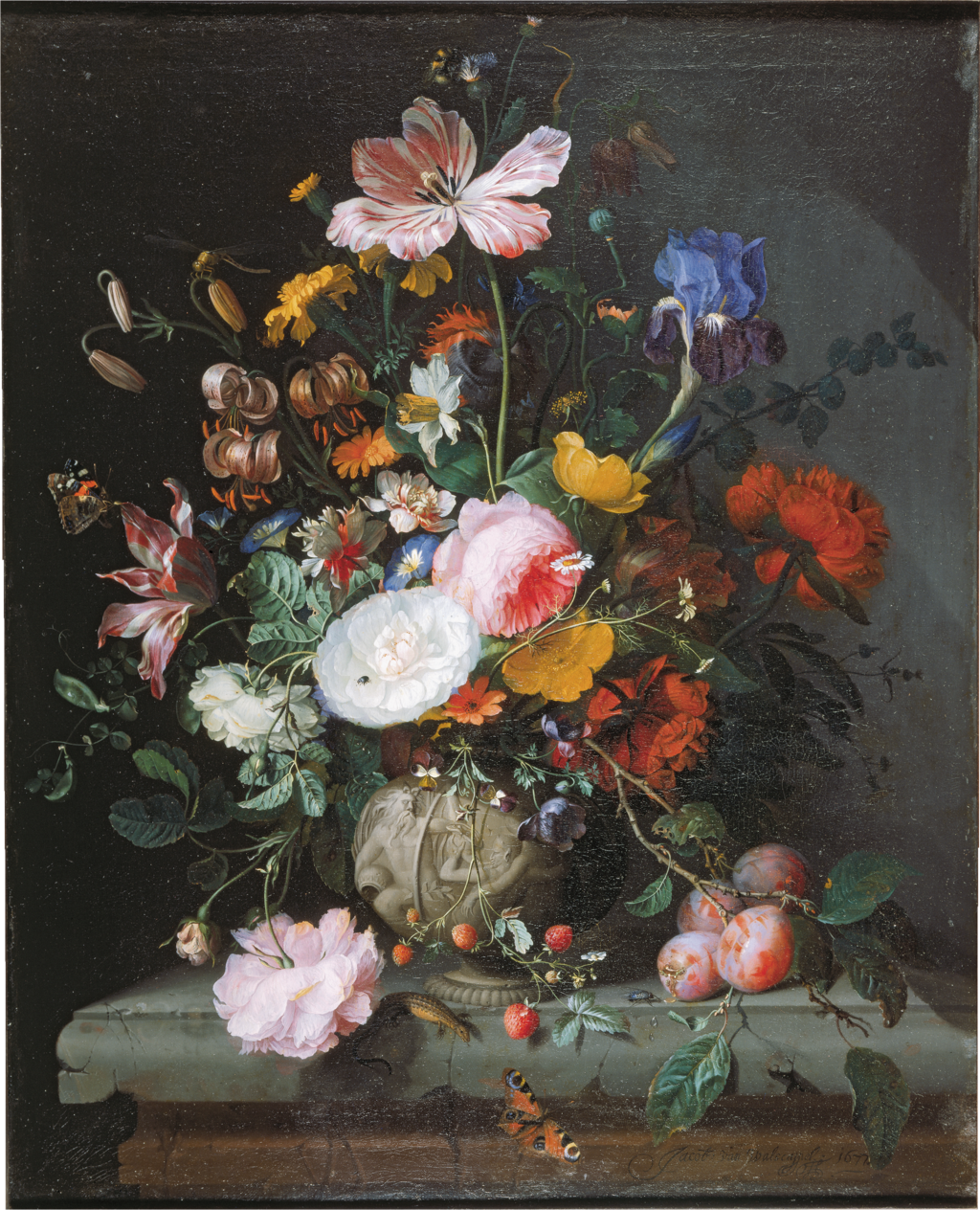 From the website of the Städel Museum: "Jacob van Walscapelle has arranged a luxuriant bouquet of flowers and a selection of fruits on a stone pedestal. We recognise the transience of nature in the wide-open blossoms and overripe fruits. A swarm of insects is accelerating the process of decay by sucking at them. By contrast, the stone vase with its mythological decor dating from antiquity is intended to represent the permanence of human artistic skills. But even this does not last forever, as the cracks and traces of age on the stone pedestal show as a symbol of transience."