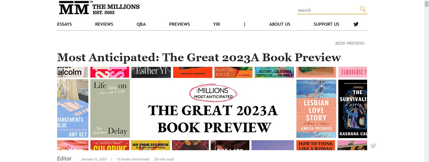 Screenshot of the website linked below: with the double-M logo for The Millions and the title "Most Anticipated: The Great 2023A Book Preview," with a collage of book covers