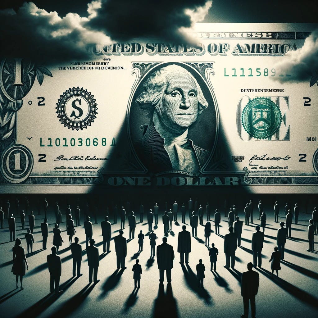A symbolic image showing the dominance of a gloomy dollar bill over the populace. The scene features a large, ominous dollar bill looming over a group of citizens, casting a shadow across them. The citizens appear small and overshadowed, symbolizing the overpowering influence of centralized currency and the diminishing autonomy of individuals in financial matters. The dark and somber tones of the image convey a sense of gloom and control, highlighting the impact of centralized financial systems on everyday people.
