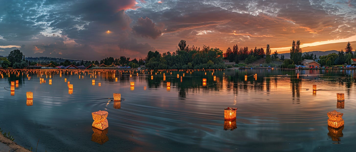 A serene lake at sunset with floating lanterns illuminating the water, surrounded by trees and distant hills under a dramatic, colorful sky.