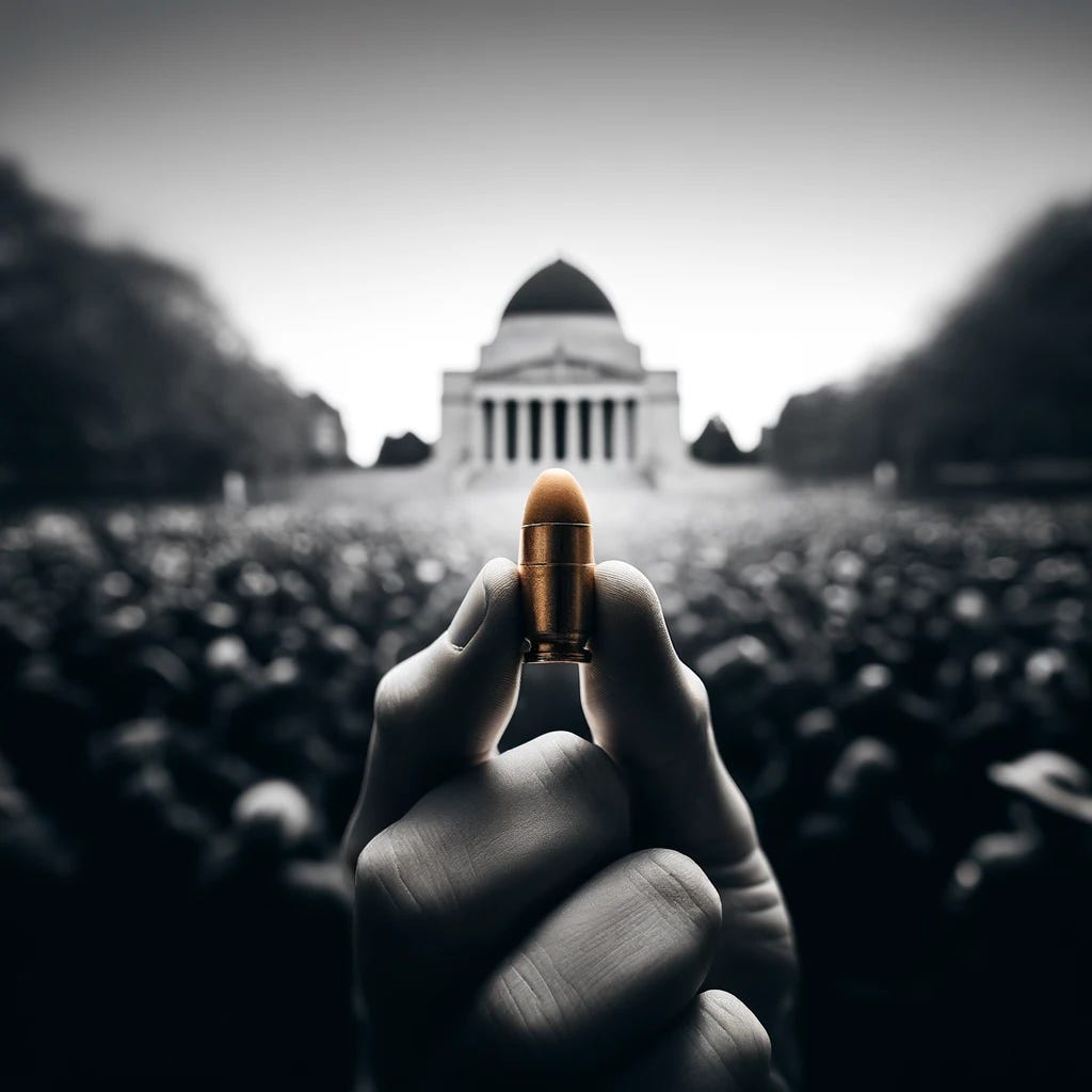 A powerful square image focusing on a single rubber bullet to symbolize the essence of courage during a protest at the Shrine of Remembrance. The background should be blurred with the iconic architecture subtly visible, emphasizing the central rubber bullet. Capture the atmosphere of tension, bravery, and resilience of the protesters. Highlight the contrast between the rubber bullet and the spirit of courage it represents, without any text.