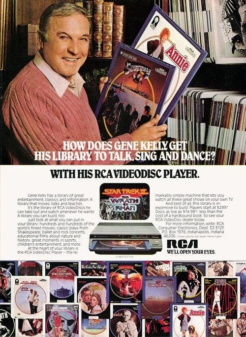 RCA SelectaVision VideoDisc ad, featuring spokesperson Gene Kelly | Vintage  advertisements, Vintage electronics, Vintage ads