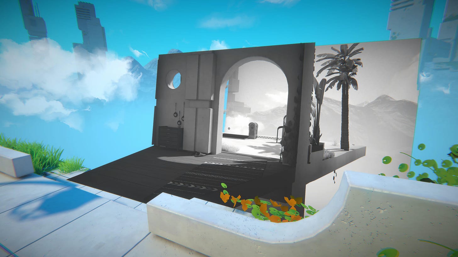 A black and white archway and teleporter attached to a colour 3D world