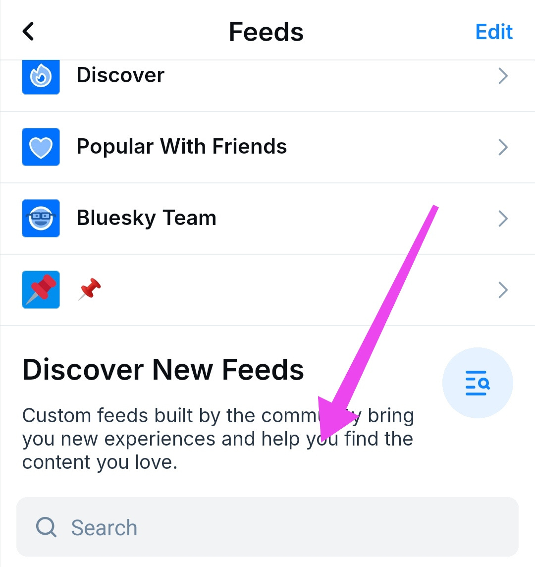 ALT TEXT: Visual instructions for integrating a new feed into your BlueStacks application. Shows the Discover new feeds search bar.