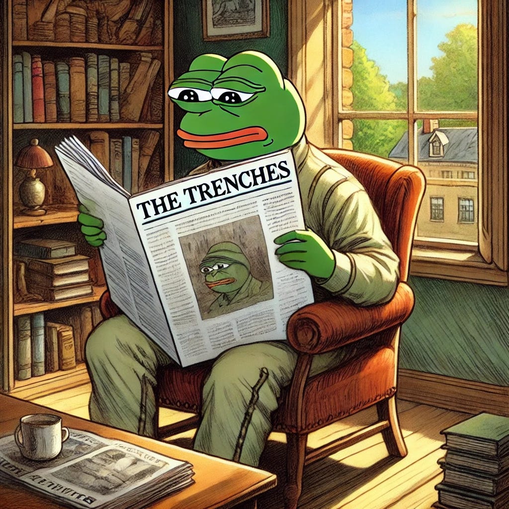 A Pepe the Frog character, depicted in a humorous and slightly edgy style, is sitting on a chair and reading a newspaper titled 'The Trenches.' The newspaper should have a bold headline and visible text, with the background featuring a cozy, well-lit room filled with books and a large window showing a sunny day outside. The Pepe character is wearing glasses and looks engrossed in the newspaper.