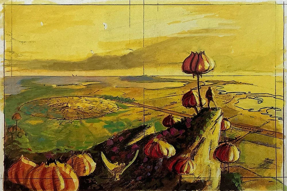 Alternative color sketch for DESTINY'S ROAD featuring a flopped layout. The spiral ending of the road is on the left with the man poised at the mountain top facing right. Bulbous alien vegetation has been added, but looks more like a flower.