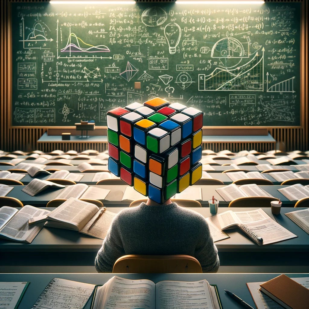 Illustrate a creative and metaphorical image of a university student sitting in a lecture hall, but instead of a normal head, they have a Rubik's cube for a head, symbolizing confusion and complexity. The student is surrounded by books and lecture notes, looking overwhelmed as they try to study. The Rubik's cube head is colorful and scrambled, perfectly depicting the student's puzzled state. The lecture hall is depicted with rows of seats and a large chalkboard filled with complex equations and diagrams, emphasizing the academic setting. The lighting is soft, focusing on the student, highlighting their struggle to solve the 'puzzle' of their studies. This image should convey a sense of academic challenge and the feeling of being lost in a sea of information.
