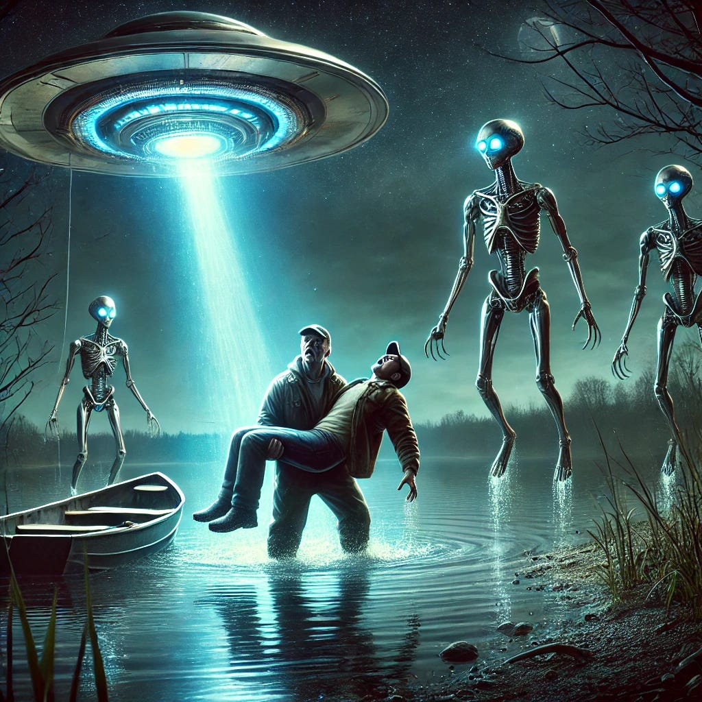 A terrifying depiction of the 1973 Pascagoula Abduction. Two fishermen stand on a dark riverbank at night, their faces frozen in horror as they are engulfed by a blinding blue beam from a hovering metallic UFO above the water. Three robotic beings with smooth metallic exteriors, glowing eyes, segmented mechanical limbs, and claw-like hands float toward them. Their bodies have an advanced, futuristic design—like alien machines rather than organic creatures. The fishermen are lifted off the ground, paralyzed, their bodies suspended in mid-air. The river reflects the eerie glow of the UFO, casting an otherworldly shimmer across the dark landscape. The atmosphere is thick with fear, helplessness, and the overwhelming presence of something mechanical and beyond human comprehension.