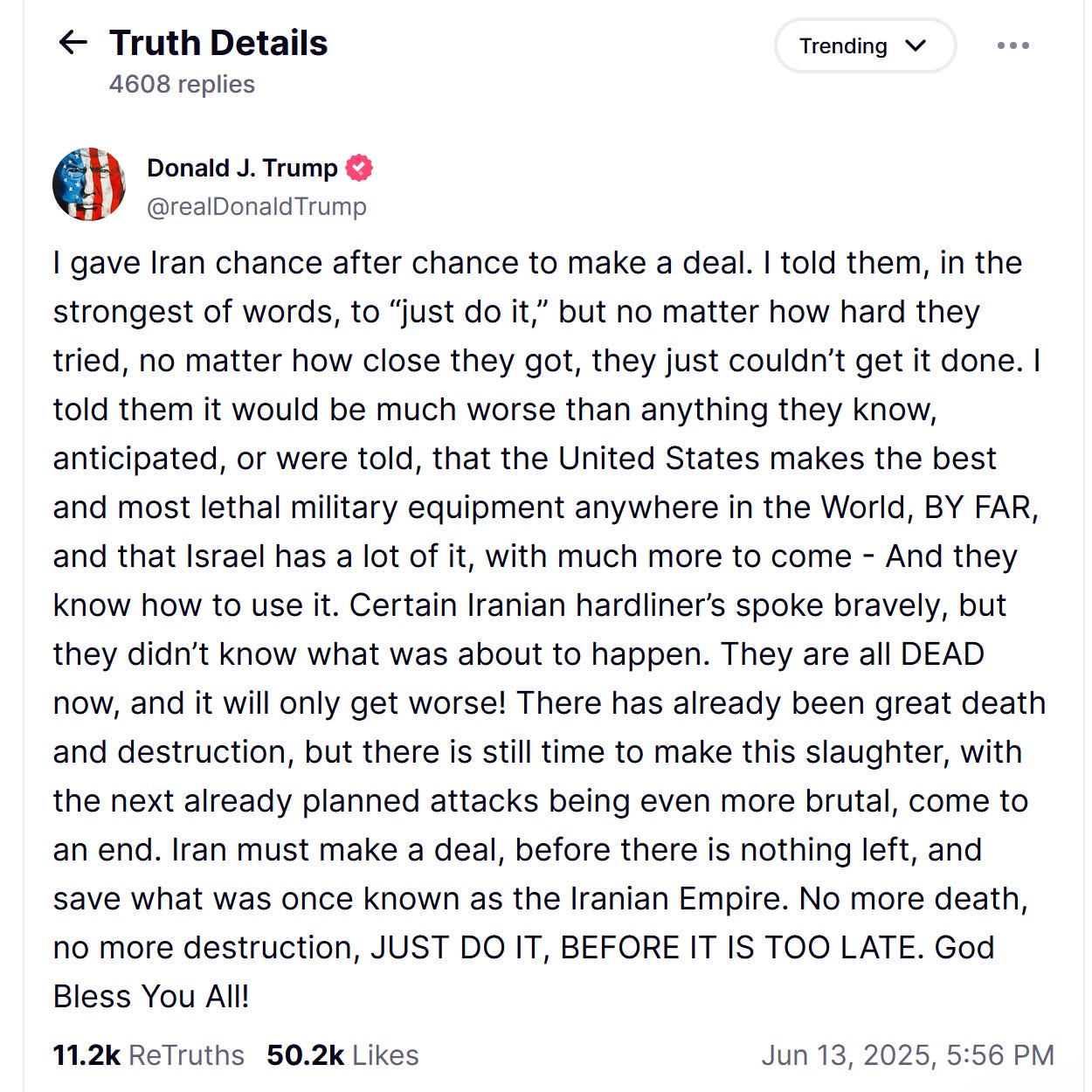 Trump Iran Israel attack slaughter brutal dead Truth Social post June 2025