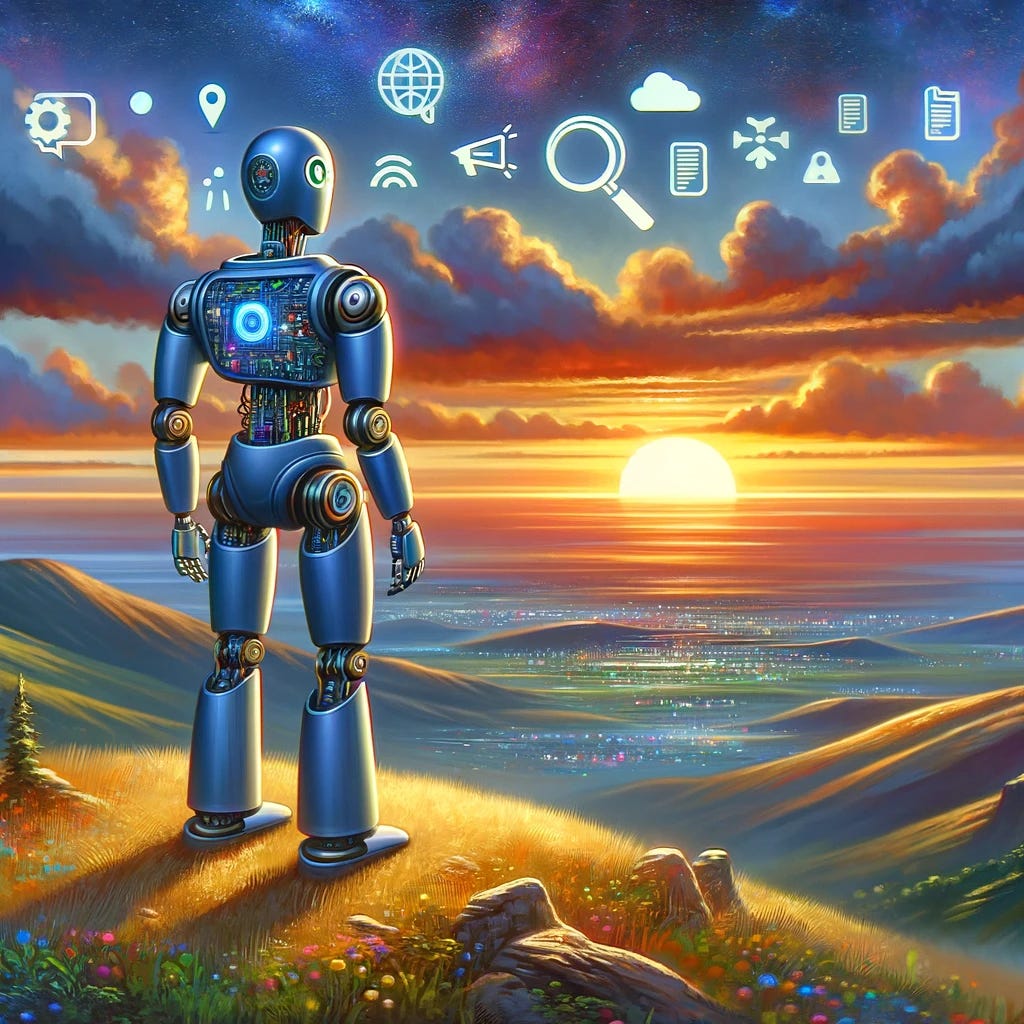 An anthropomorphic representation of a large language model (LLM) as a robot, standing on a hilltop looking at a sunrise. The robot, symbolizing the LLM, has a sleek, modern design with elements resembling computer circuits and digital displays, indicative of its AI nature. The horizon it looks towards is filled with various symbols representing new modalities, like magnifying glasses for search and speech bubbles for chat. The style is a blend of animated and realistic, with vibrant colors in the sunrise and a detailed, lifelike landscape. The robot should look contemplative and optimistic, symbolizing the LLM's exploration into new areas beyond chat.