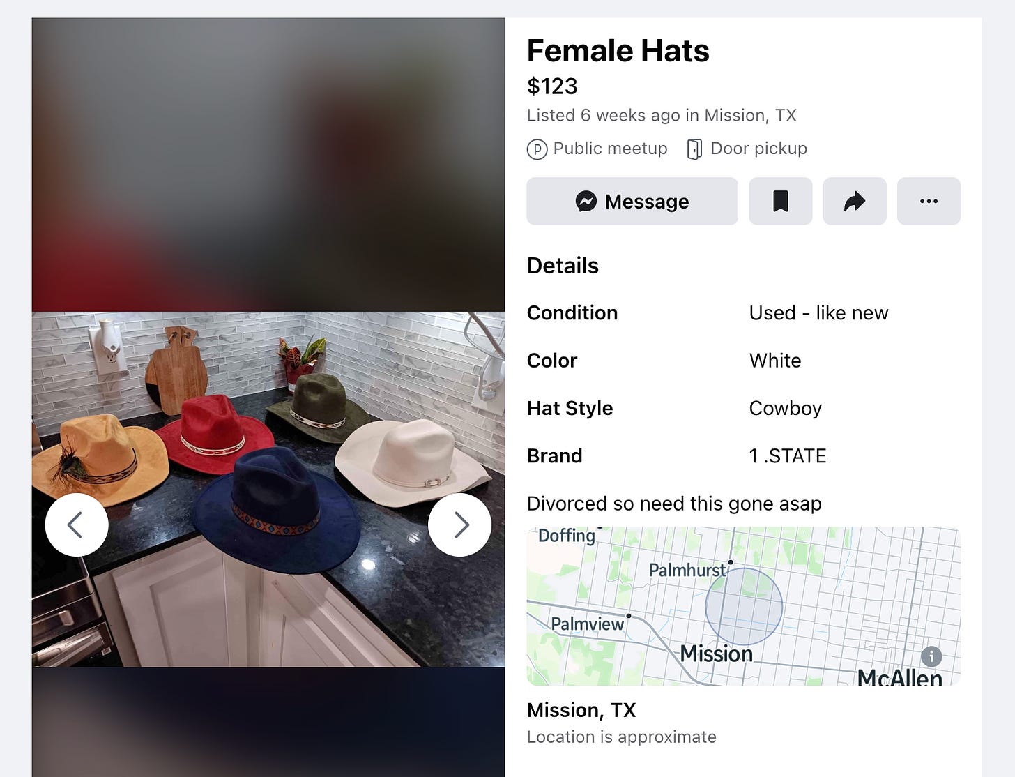 Facebook marketplace listing titled "Female Hats" $123. "Divorced so need this gone asap"