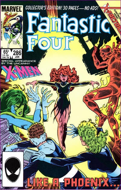 The cover of Fantastic Four Vol 1 #286, the issue where Jean Grey comes back to life, and they retcon her death in the Dark Phoenix Saga by explaining that Jean and the Phoenix were separate entities the whole time. 