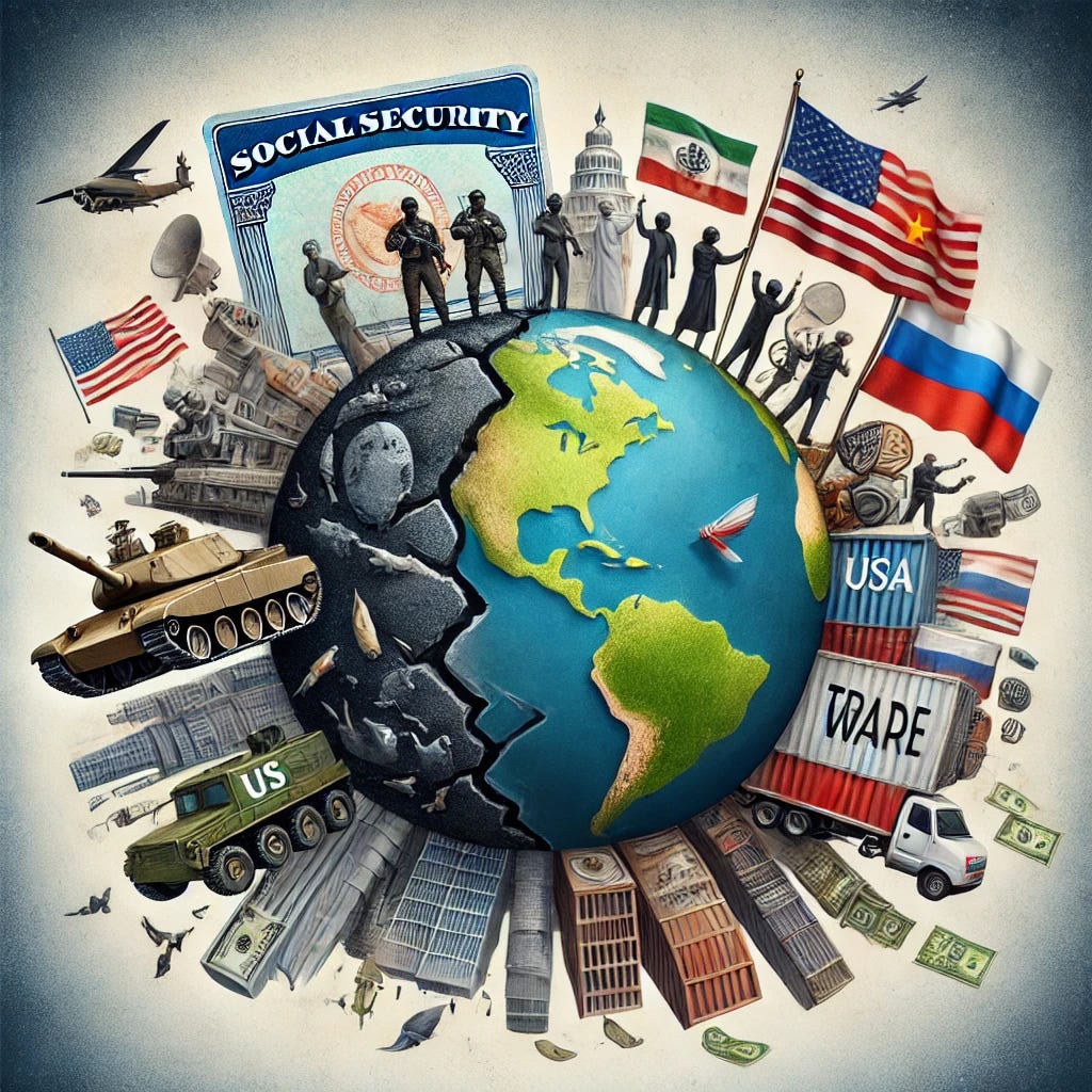 A conceptual illustration depicting global geopolitical challenges in a symbolic manner: a divided globe surrounded by symbols representing major issues. On one side, a fractured Social Security card and stacks of money represent economic and entitlement challenges in the USA. On another side, military tanks and flags symbolize international conflicts with Iran, Russia, and China. The US-Mexico border is represented with a fortified wall and figures symbolizing migration. A trade war with China is hinted at with shipping containers marked with the US and Chinese flags. The illustration uses a balanced, metaphorical art style to highlight global tension and domestic concerns.