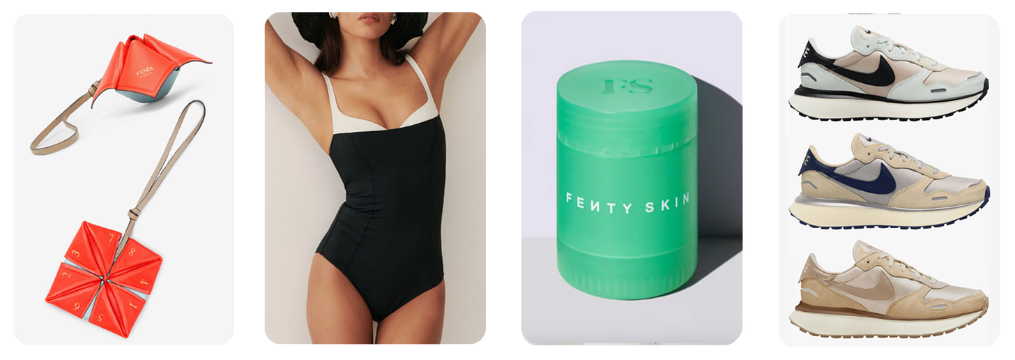 Images of a Fendi keychain, a Reformation swimsuit, Fenty Skin lip treatment and Nike sneakers.