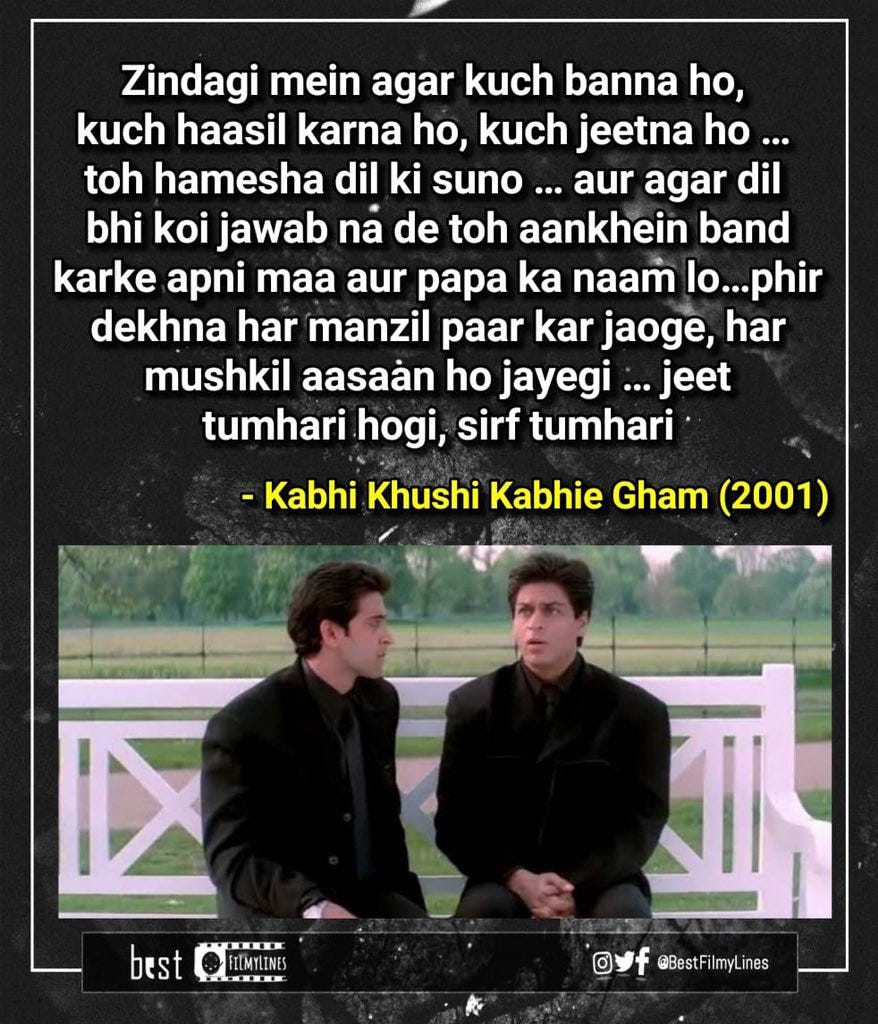 Best Filmylines on Twitter: "-Kabhi Khushi Kabhie Gham (2001), dir. Karan  Johar #ShahRukhKhan #Srk #HrithikRoshan #AmitabhBachchan #karanjohar #kajol  #KareenaKapoor #RaniMukerji #Bollywood #Hindi #Dialogue #cinema  #bestfilmylines https://t.co ...