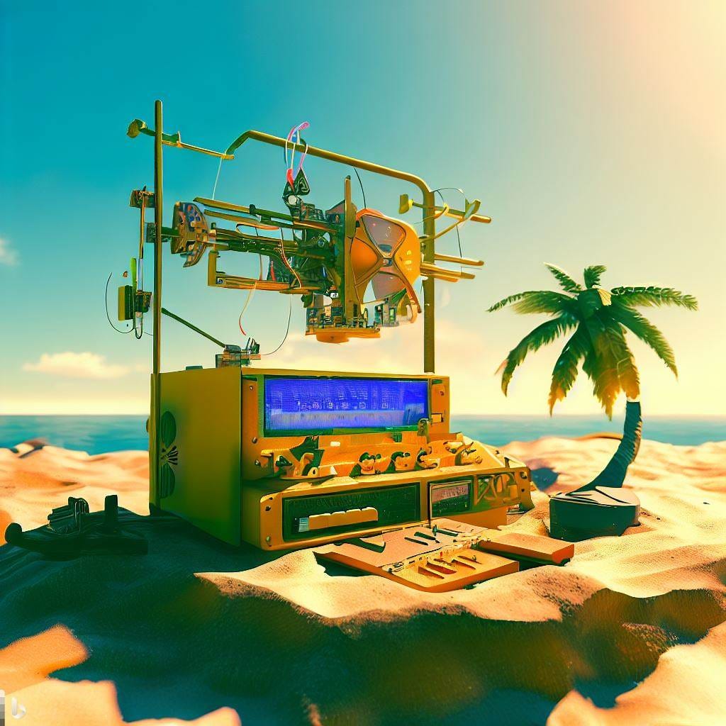 3d printer making radio on desert island, solarpunk