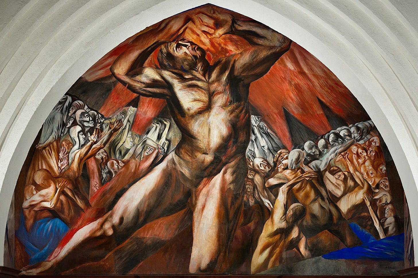 Mural of a naked man staring up with arms extended towards a fiery sky against a backdrop of humanity