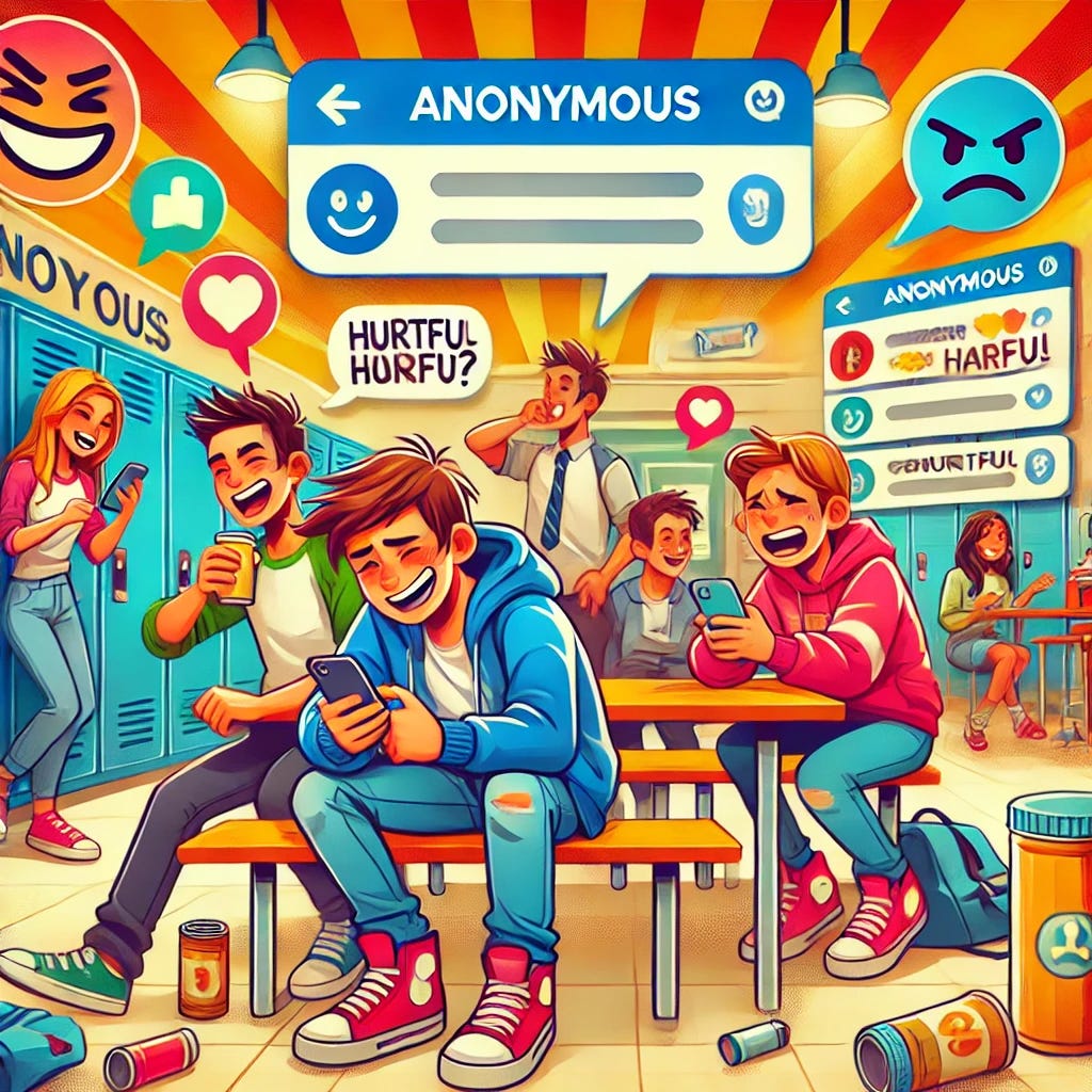 Colorful illustration of students using an anonymous social networking app.