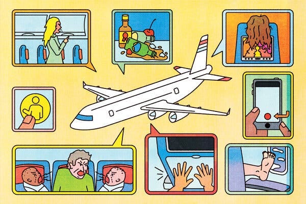 An illustration of incidences that can happen on planes, such as screaming babies, shoeless feet and tray table fights.