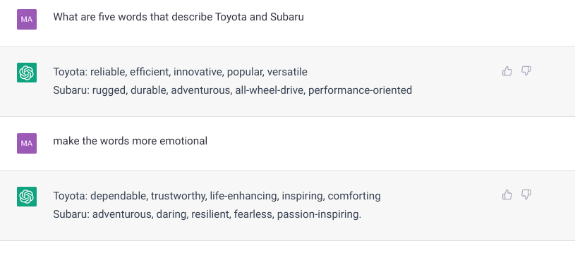 "Toyota: dependable, trustworthy, life-enhancing, inspiring, comforting; Subaru: adventurous, daring, resilient, fearless, passion-inspiring"​ —ChatGPT